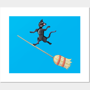 Broom Surfing Black Cat Posters and Art